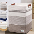 Laundry Hamper - Tall Woven Rope Laundry Basket - Clothes hamper with Leather Handles, 17.8" X 13.8" X 22", Blanket Storage Basket for Living Room, Rice Brown & White
