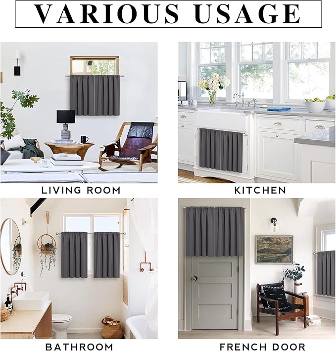 RYB HOME Mini Curtains for Small Window, Blackout Privacy Short Curtains Drapes Energy Efficient Shades for RV Camper Cafe Bathroom, W29 x L45 inches, Set of 2, Grey