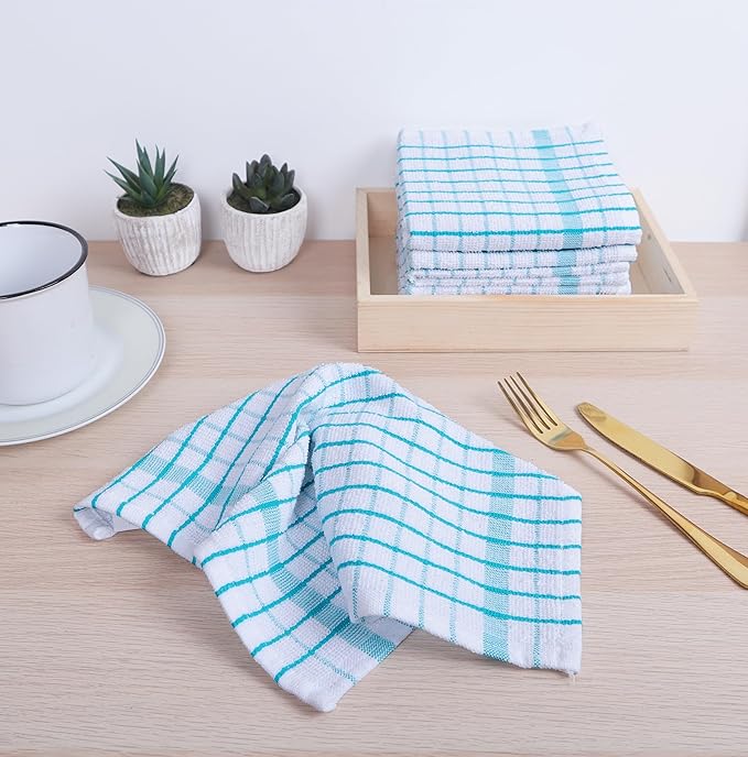 AMOUR INFINI Kitchen Dish Cloths Set of 8 - Ultra Soft, Highly Absorbent, Quick-Drying Terry Cotton Dishcloths 12"x12" Inch Wash & Cleaning Cloths for Kitchen & Dishwashing (Teal)