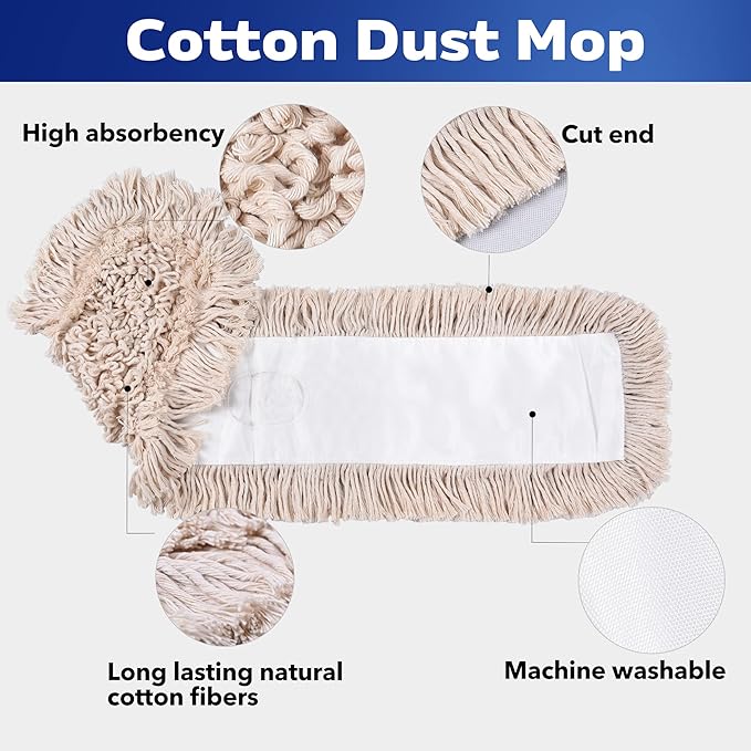 Matthew Cleaning 24'' Cotton Dust Mop Refill Washable Thick Tufted Replacement Heads for Residential & Commercial Use Fit All 24'' Dust Mop Frames, Hardwood, Laminate, Concrete Floors 6 Pack