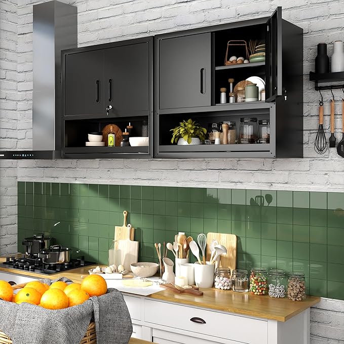 Garage Wall Cabinet with Doors and Shelves, Wall Mounted Metal Storage Cabinet with Open Storage, Lockable Hanging Tool Cabinet for Garage Utility Room, Black