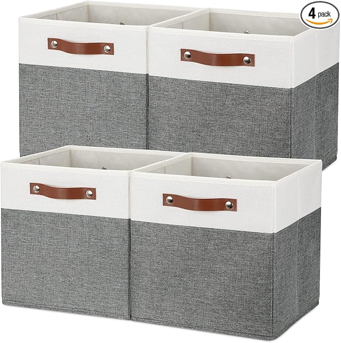 Temary Storage Cubes 12ﾗ12 Fabric Cube Storage Bins Foldable Storage Baskets with Handles, Decorative Storage Boxes for Organizing, Home, Office, Nursery, Shelf, Closet (White & Grey, 12 x 12 x 12)