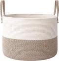 Woven Blanket Basket,115L Large Rope Storage Bin with Handles, Organizer for Blankets Toys Book and Clothes, Laundry Basket for Living Room Bedroom Nursery,White&Brown