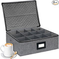 homyfort Mug Coffee Storage Box with Dividers - Stackable Glass China Storage Containers Hard Shell with Lid, Label and Handles, Holds 12 Coffee Mugs and Tea Cups (Dark Grey)