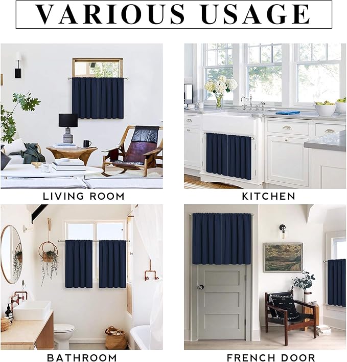 RYB HOME Blackout Curtains for Kitchen, Over Sink Privacy Curtains Window Decor, Thermal Insulating Drapes for Bathroom Cafe Bedroom Small Window, W 42 x L 24 inch, Navy Blue, 2 Panels