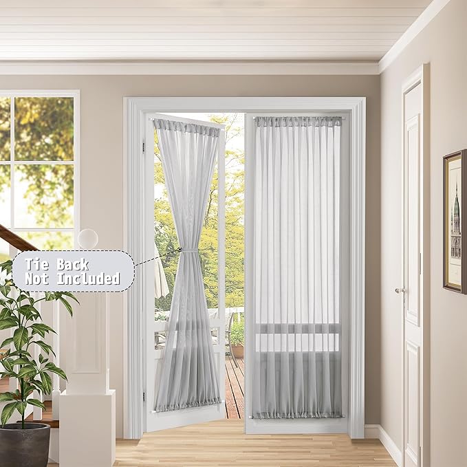 Tollpiz Sheer Curtains Closet Linen Textured Curtain Sheers Doorway Light Filtering Voile Patio Glass Door Rod Pocket Curtains French Door, 54 x 80 inches Long, Silver Grey, Set of 1 Panel