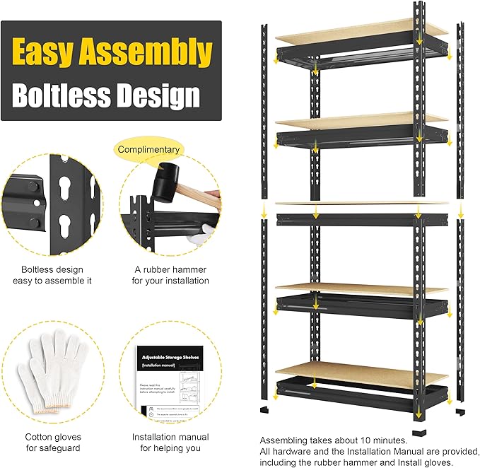 PrimeZone 32"W x 16"D x 63" H Storage Shelves - 4 Pack 5 Tier Adjustable Garage Storage Shelving, Heavy Duty Metal Storage Organizer Utility Rack Shelf Unit for Warehouse Pantry Closet Kitchen, Black