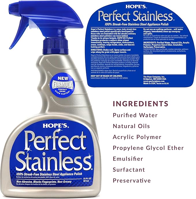 HOPE'S Perfect Stainless Steel Cleaner and Polish with Microfiber Cloth, 22-Ounce, Streak-Free Self-Polishing Formula, Blocks Fingerprints, 1 Pack with Microfiber Cloth