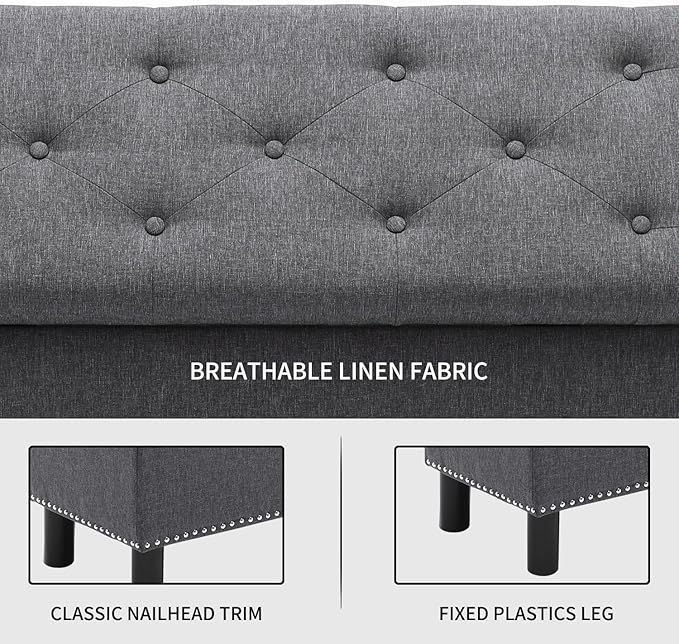 Furnimart 42.5 Inch Storage Ottoman Bench, Flip Top End of Bed Storage Bench, Upholstered Blanket Bench for Bedroom, Entryway, Living Room, Tufted Linen (Dark Grey)