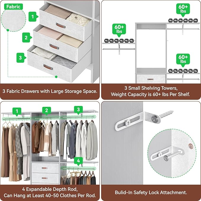 Armocity 5FT Small Closet System with 3 Fabric Drawers, 60 Inches Walk In Closet Organizer System With 3 Adjustable Shelves, Heavy Duty Clothes Rack Built-In Garment Rack, 59" L x 16" W x 71" H, Grey