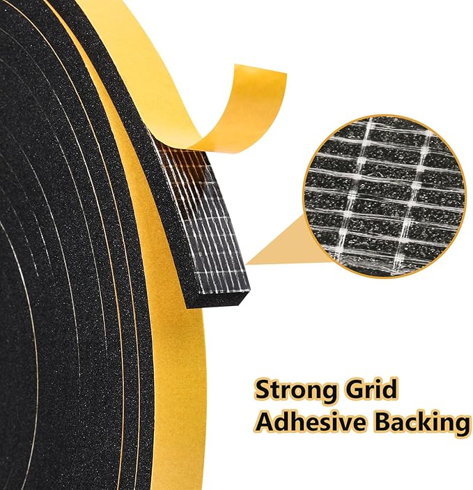 Black Weather Stripping Door Seal Strip (3/5 Inch X 1/4 Inch X 16Feet), Strong Adhesive, Lightproof, Soundproof, Weatherproof Foam Tape Insulation for Sliding Door, Front Door Frame, Windows