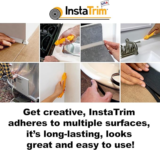 Instatrim Flexible Self-Adhesive Trim Bundle with Applicator & Corners - Caulking Kit with 50ft Black 1/2" Wide Caulk Strip, Applicator Tool, & 6 Corners - InstaTrim The Original Flexible Trim