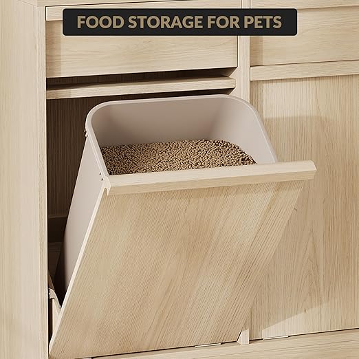 Double Tilt Out Trash Cabinet, Natural Wood Hidden Garbage Can Cabinet for 2 x 10 Gallon Bins, Modern Pet-Proof Trash Cabinets for Kitchen, Dining, Living Room Storage