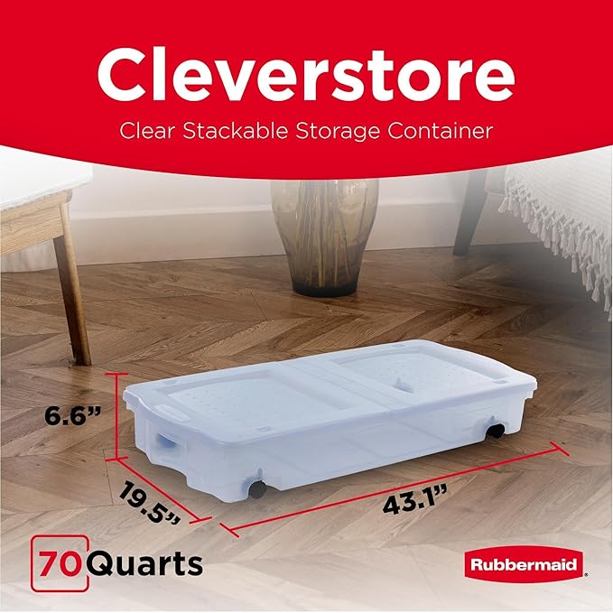 Rubbermaid 70 Quart Under the Bed Low Profile Storage Boxes with Dual Hinged Lids and Easy Rolling Caster Wheels, Clear, 2 Pack