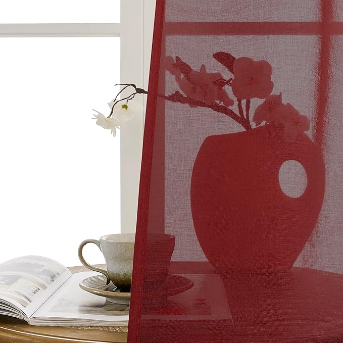 Tollpiz Sheer Door Curtain Closet Linen Textured Curtain Sheers Doorway Light Filtering Voile French Doors Rod Pocket Curtains Patio Glass Door, 25 x 80 inches Long, Burgundy Red, Set of 1 Panel