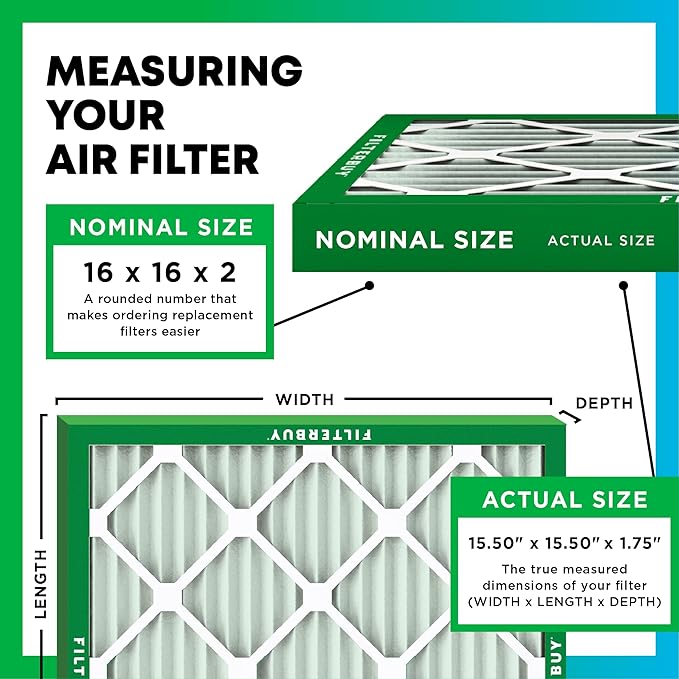 Filterbuy 16x16x2 Air Filter MERV 8 (MPR 700) Dust Defense Replacement (6-Pack), Electrostatic Pleated HVAC AC Furnace Filters, Made in USA (Actual Size: 15.50 x 15.50 x 1.75)