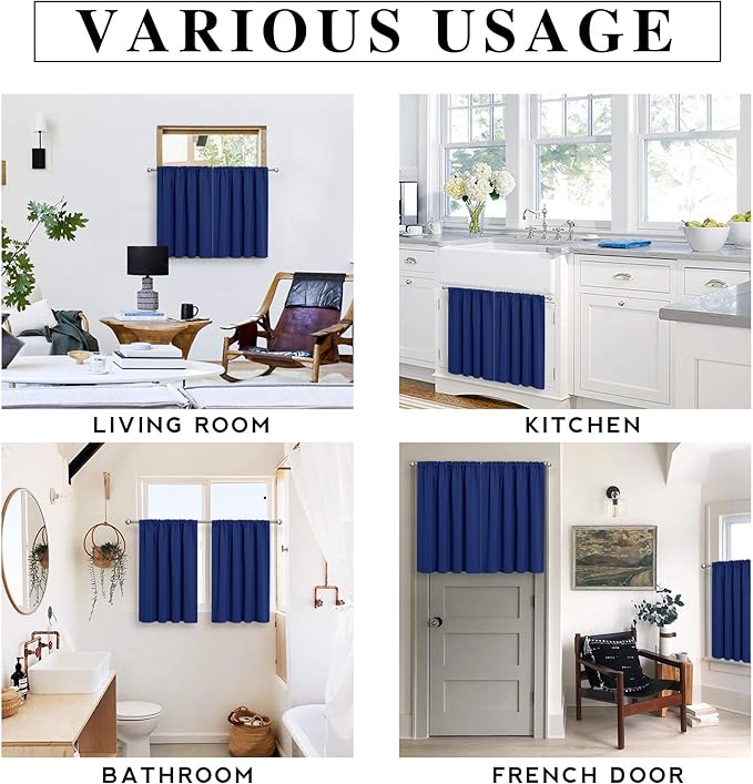 RYB HOME RV Curtains for Camper Windows - Soft Thermal Insulated Small Window Curtain Tiers for Cafe Kitchen Bedroom Basement Glass Door Window, W 42 x L 30 inches, Marine Blue, 2 Panels