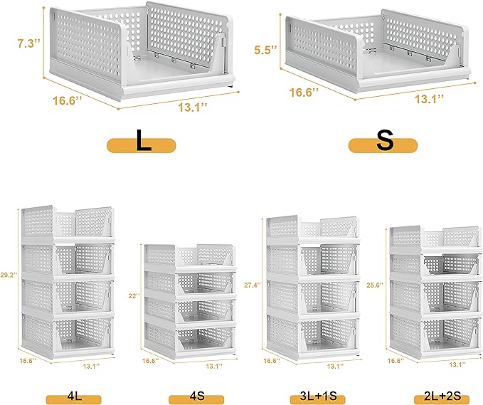 Proarea 4 Pack Stackable Plastic Storage Basket Closet Organizer Bin Foldable Clothes Organizer Storage Drawer Shelf Container for Living Room Bathroom Kitchen Office (4S)
