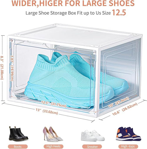 12 Pack White Shoe Boxes Stackable,Large Shoe Storage Organizer with Magnetic Door,Drop Side Shoe Containers for Entryway,Sneaker Storage Fit up to US Size 12 for Men/Women(13’’x10.62”x8.26”