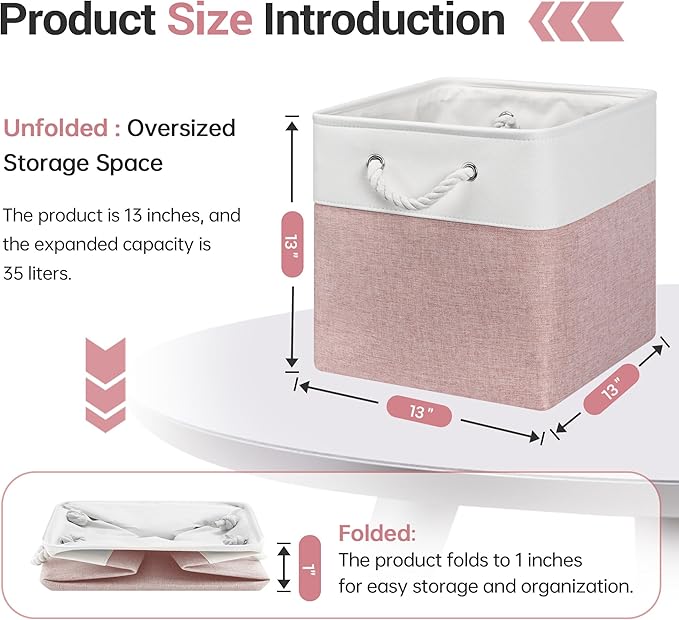 13x13 Inch Cube Storage Bins with Reinforced Bottom Cardboard, 6 Pack Large Collapsible Fabric Storage Cubes with Handles for Shelf, Closet, Toy, Laundry Organization (White&Pink)