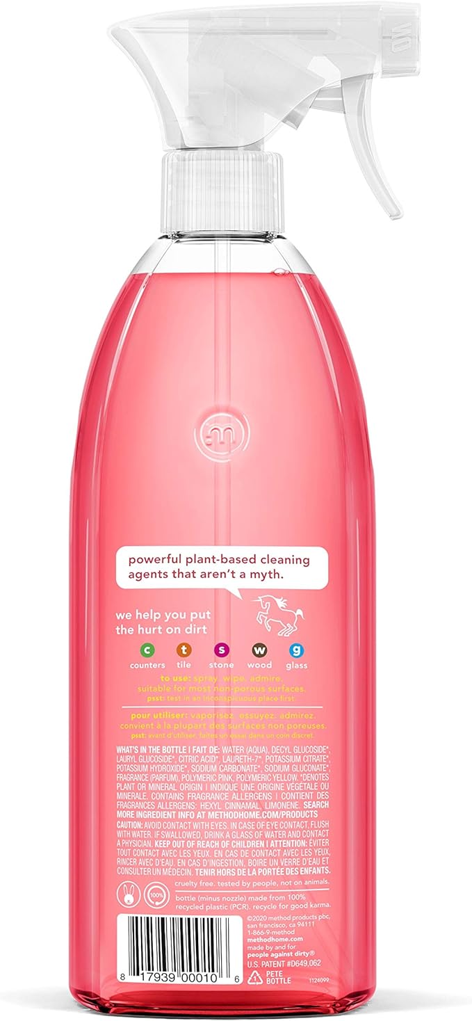 Method All-Purpose Cleaner Spray, Pink Grapefruit, Plant-Based and Biodegradable Formula Perfect for Most Counters, Tiles and More, 28 Fl Oz, (Pack of 4)