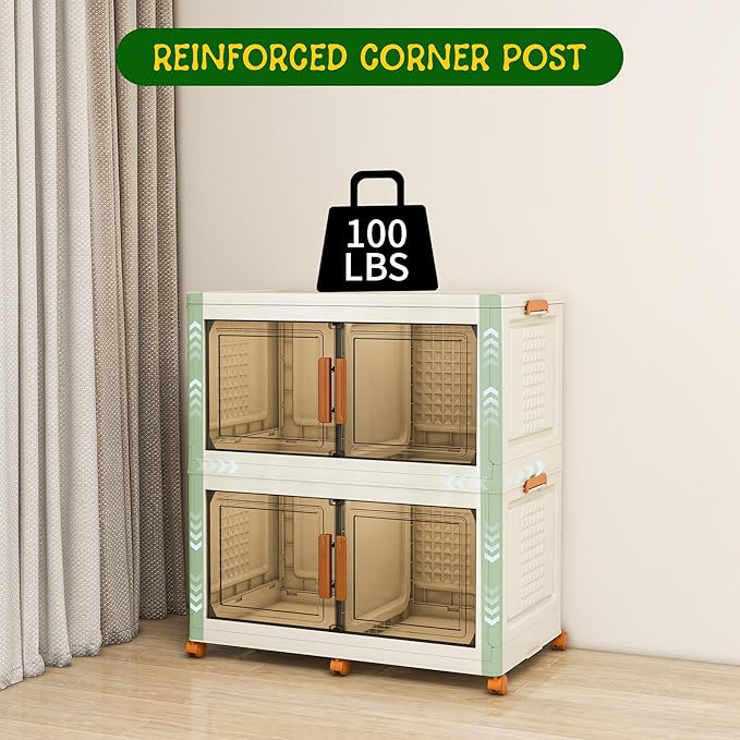 2 Tier Extra Large Stackable Storage Bins with 1 Lid 155 QT/Tier, Collapsible Plastic Box Storage with Wheels, Home Containers Boxes Closet Organizers for Living Room, Office, Dorm
