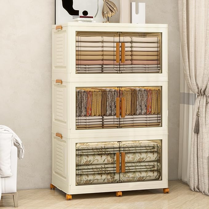 Plastic Stackable Storage Bins with Lids and Wheels, Foldable Closet Organizers and Storage Containers for Bathroom, Collapsible Clear Drawer Storage Cabinet with Doors White 38Gal 3Tiers