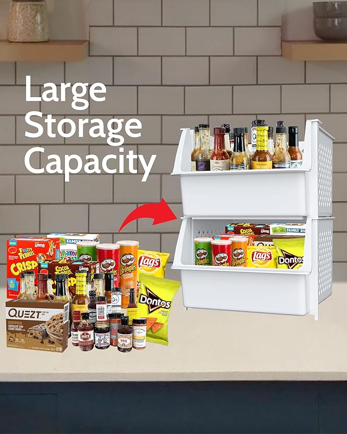 TidyFriend Plastic Stackable Storage Bins for Pantry, 2-Pack Stackable Bins for organizing food, kitchen, and bathroom essentials (White)