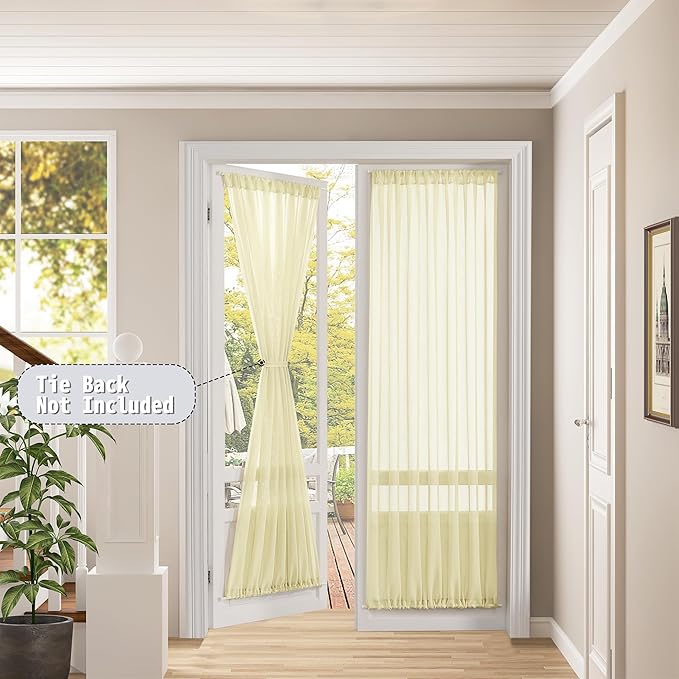 Tollpiz Sheer Door Curtains Closet Linen Textured Curtain Sheers Doorway Light Filtering Voile Patio Door Rod Pocket Curtains French Door, 54 x 80 inches Long, Transparent Yellow, Set of 1 Panel