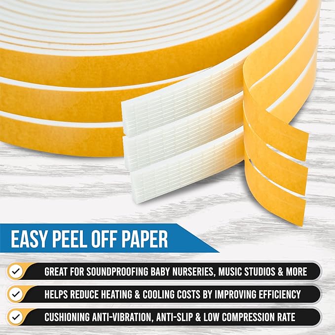 High Density Foam Weather Stripping Door Seal Strip Insulation Tape Roll for Insulating Door Frame, Window, Air Conditioner | Self Adhesive Sealing Weatherstrip (White, 1 in x 1/4 in x 30 Ft)