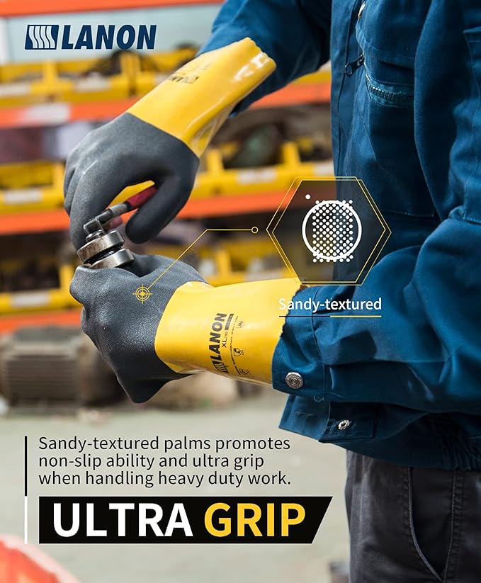 LANON PVC Chemical Gloves, Thick Rubber Work Gloves, Heavy-Duty, EN 374/388, Acid, Alkali and Oil, Non-Slip, XL