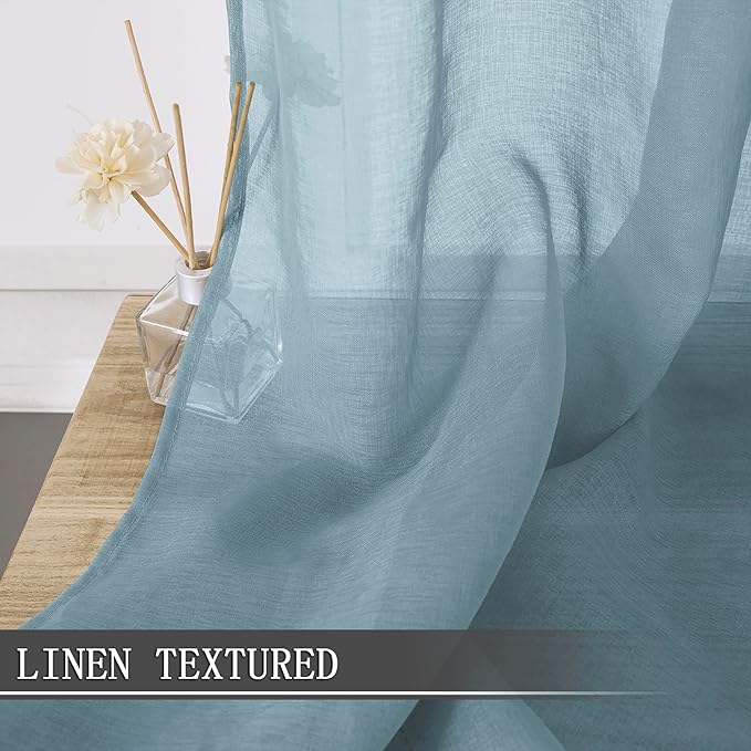 Tollpiz Sheer Curtains Linen Textured Bedroom Curtain Sheers Light Filtering Rod Pocket Voile Curtains for Living Room, 54 x 63 inches Long, Dusty Blue, Set of 2 Panels