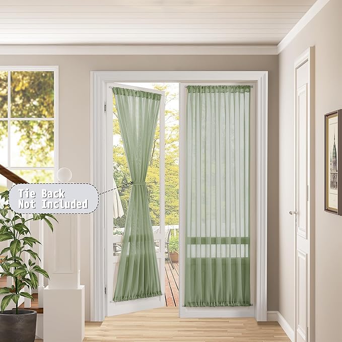 Tollpiz Sheer Door Curtain Closet Linen Textured Curtain Sheers Doorway Light Filtering Voile French Door Rod Pocket Curtains Patio Door, 25 x 80 inches Long, Sage Green, Set of 1 Panel