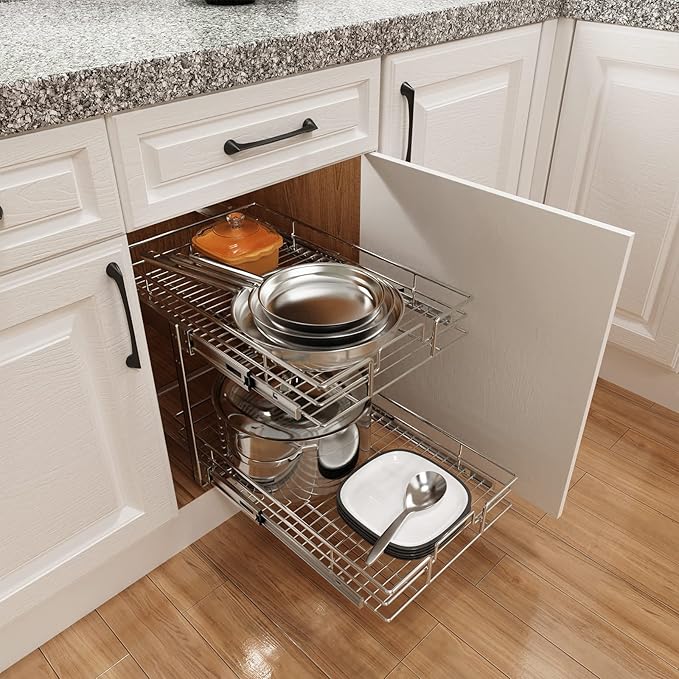 ROOMTEC Individual Pull Out Cabinet Organizer (14" W x 21" D), 2 Tier Spice Rack Organizer for Cabinet, Slide Out Drawer Pantry Shelf Organization and Storage for Kitchen Bathroom