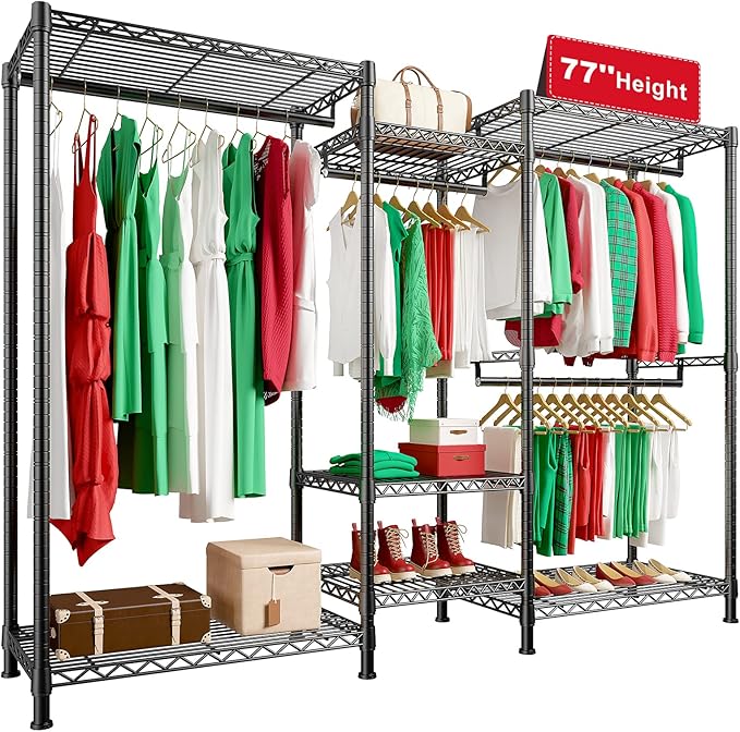 Raybee Clothes Rack, 725 LBS Clothing Rack Adjustable Clothing Racks for Hanging Clothes Metal Wire Garment Racks Sturdy Clothes Rack, 77" H x 70.5" W x 13.8" D, Black