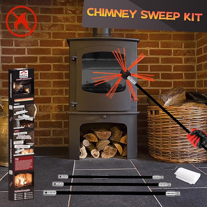 30 Feet Chimney Sweep Kit, Chimney Cleaning Kit with 9 Flexible Black Chimney Rods, Chimney Brush for Sweeping Fireplace, Rotary Chimney Cleaning System Driven by Drill