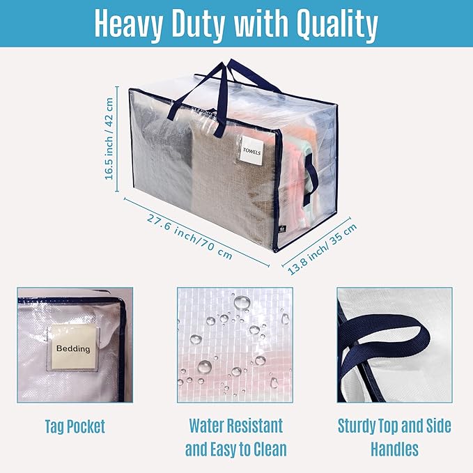 VENO 10 Pack Moving and Storage Bags, Heavy Duty, Alternative to Moving Boxes, Large Packing Totes Supplies for College Dorm Room with Zipper for Clothes, Wide Open Design (Clear, 10 Pack)