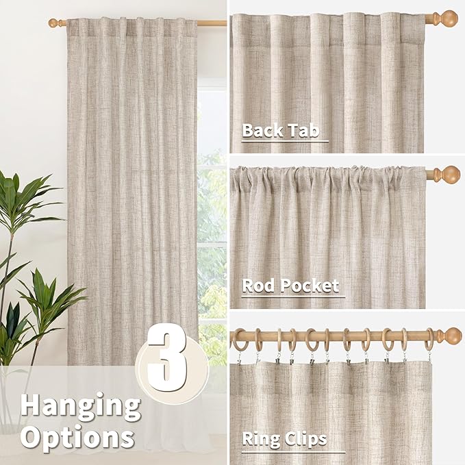 YoungsTex Natural Linen Curtains 80 Inch Length for Living Room, Light Filtering Burlap Textured Rod Pocket Window Drapes Back Tab for Bedroom Office Rustic, 2 Panels, 52 X 80 Inch