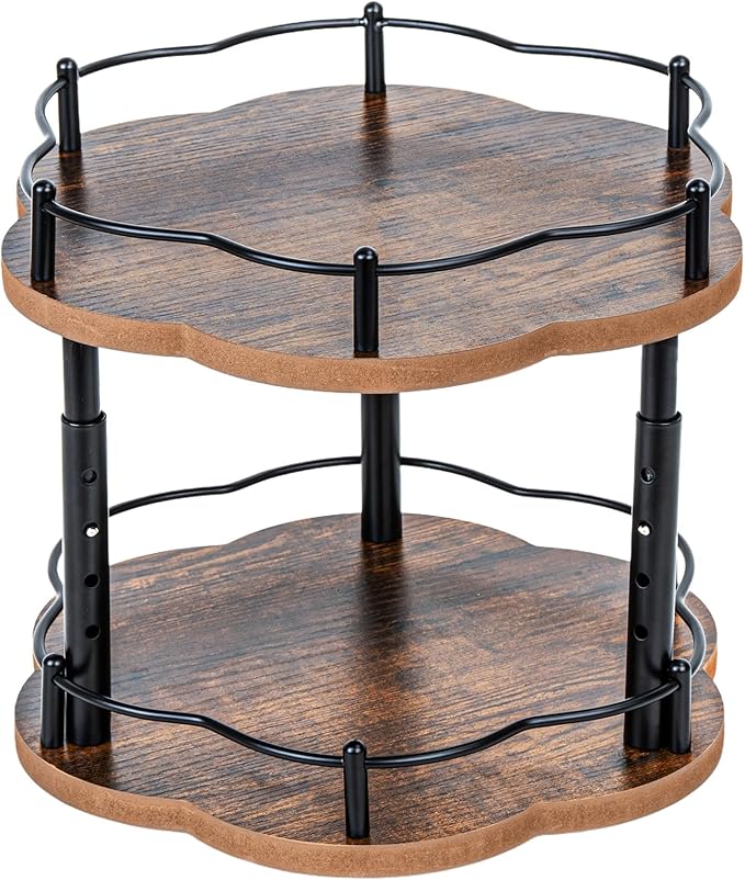 Lazy Susan Spice Rack Organization for Cabinet - 2 Tier Adjustable Height Lazy Turntable Spice Organizer for Kitchen Countertop & Pantry, Wood 10 Inch Seasoning Storage, Black