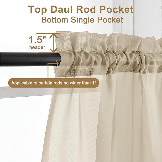 Chyhomenyc Taupe Sheer Curtains 63 Inch Length 2 Panels, Light Filtering Airy Rod Pocket Window Curtain Treatment Drapes for Bedroom Living, Each 42Wx63L Inches