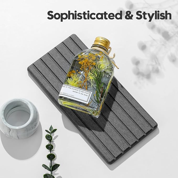 2PCS Diatomite Quick Stone Drying Tray Mat For Bathroom & Kitchen Counter, Instant Dry Water Absorbent Drink Bar Coaster,Vanity Sink Caddy Organizer,Dish Soap Sponge Holder, Dark Gray,8"x3.8"