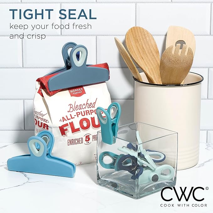 COOK WITH COLOR Bag Clips - Heavy Duty Chip Clip and Refrigerator Magnet Clips for Food Storage with Air Tight Seal Grip, Light Blue, Pack of 8