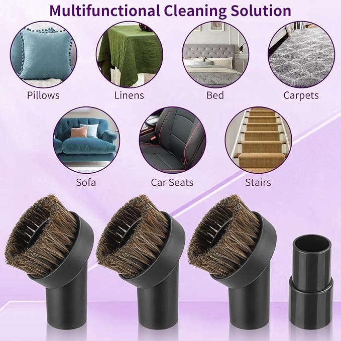 4 Pcs 25mm Horsehair Round Brush Vacuum Brush Attachment with 1-1/4 to 1-3/8 inch Hose Adapter for 1.25 inch/32mm Inner Diameter Vacuum Cleaner, Vacuum Attachment for Most Household Vacuum Cleaners