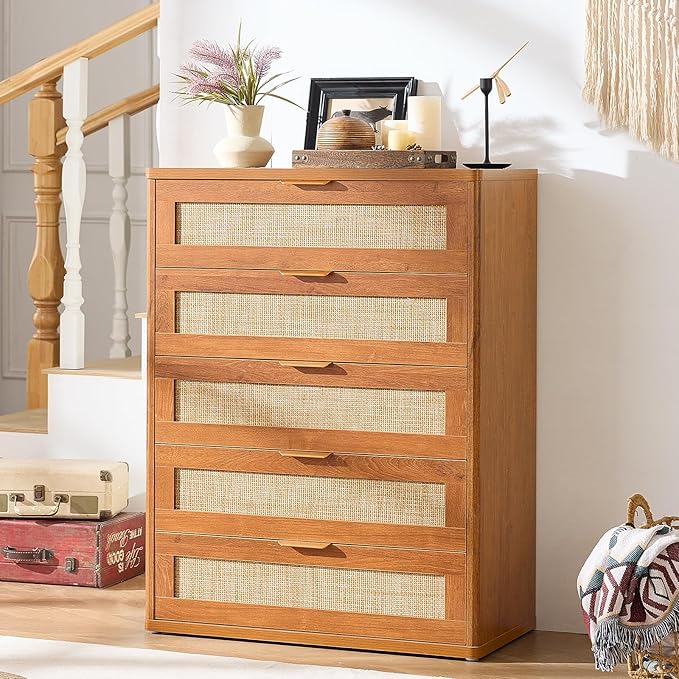 LEYAOYAO Dresser for Bedroom, 41" Tall Chest of Drawers, Modern 5 Drawers Boho Rattan Dressers with Storage, Dresser Wooden Closet Organizer for Living Room, Hallway, Tea Brown