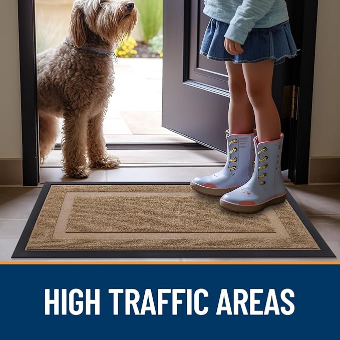 OLANLY Front Door Mat Indoor Outdoor Entrance, Waterproof All-Season, All-Weather Doormat, Sturdy Natural Rubber, Fade Resistant, Low Profile, Easy Clean Patio Porch Entryway Mat, 47x32, Light Brown