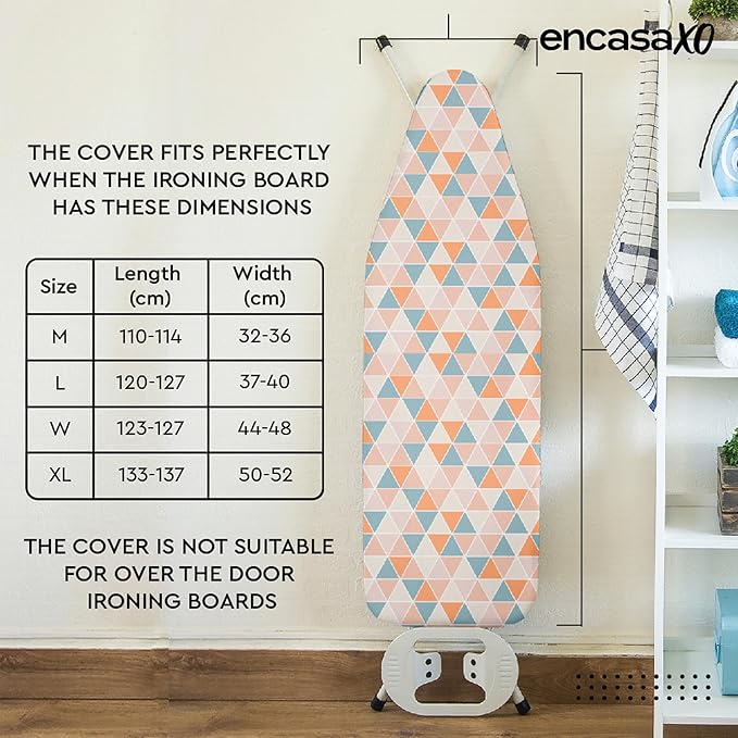 Encasa XO Ironing Board Cover and Pad - Thick 4mm Felt, Heat & Scorch-Resistant, Fits Medium Boards 42"x14", Elastic Bungee Cord Tightening, Easy Fit, Stain-Safe Dye, Terrazzo Mint
