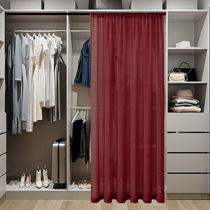 Tollpiz Sheer Door Curtain Closet Linen Textured Curtain Sheers Doorway Light Filtering Voile French Doors Rod Pocket Curtains Patio Glass Door, 25 x 80 inches Long, Burgundy Red, Set of 1 Panel