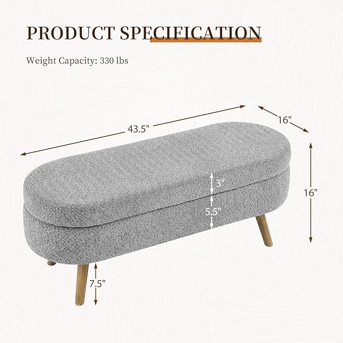 Furnimart 43.5" Queen Size Storage Ottoman Bench, Flip Top End of Bed Storage Bench, Upholstered Blanket Bench for Bedroom, Entryway, Living Room, Tufted Looped Pile Yarn Fabric (Grey)