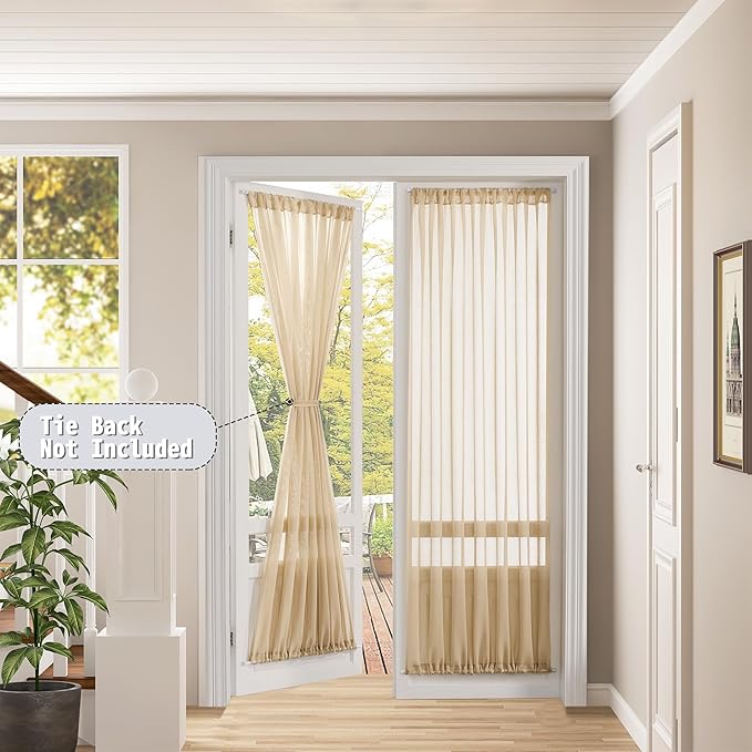 Tollpiz Sheer Curtain Closet Linen Textured Curtain Sheers Doorway Light Filtering Voile French Door Rod Pocket Curtains Patio Glass Door, 25 x 80 inches Long, Beige, Set of 1 Panel