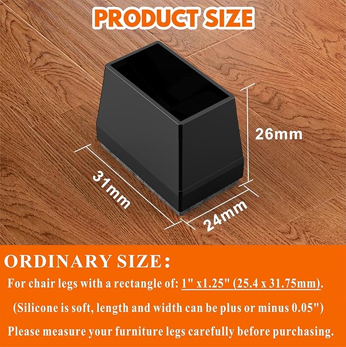 Rectangle Chair Leg Protectors for Hardwood Floors,16 PCS Silicone Covers to Protect Wood Tile Floors Felt Pads Furniture Leg Caps Reduce Noise. Easy to Move.(Black,1 x 1.25 Inch,Rectangular)